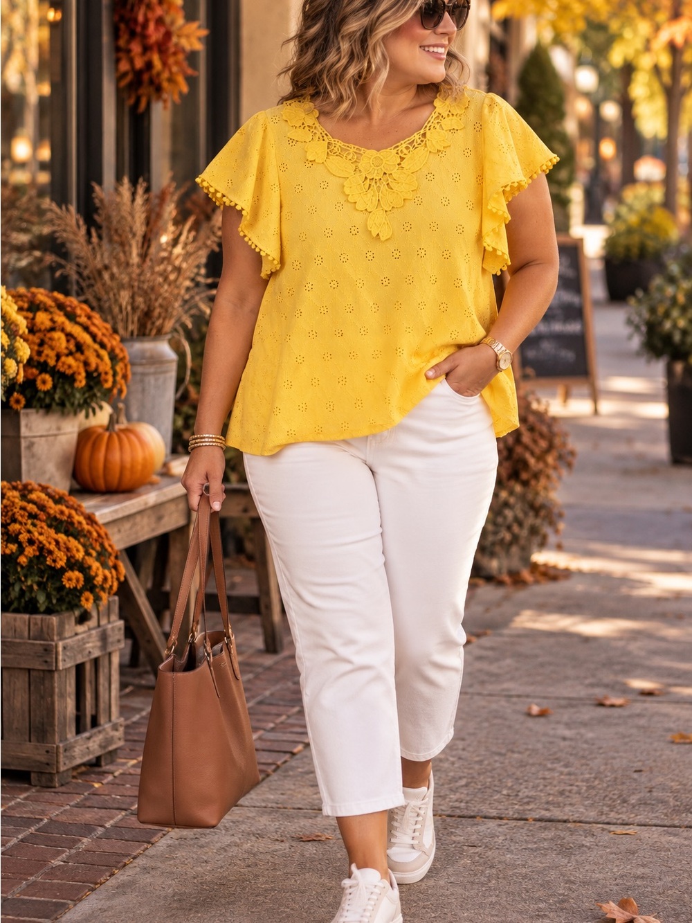68.Wanderlust Sunny Yellow Eyelet Lace-Trim Flutter Top